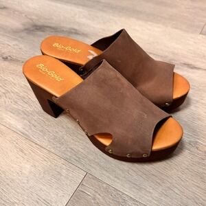 Bio Gold Made in Italy Brown Suede Chunky Heel Platform Clogs Leather Sz 40 or 9